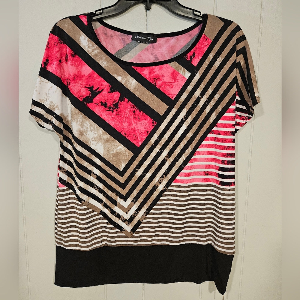 Michael Tyler Women's Large Scoop Neck Colorful Patchwork Tunic Top Short Sleeve